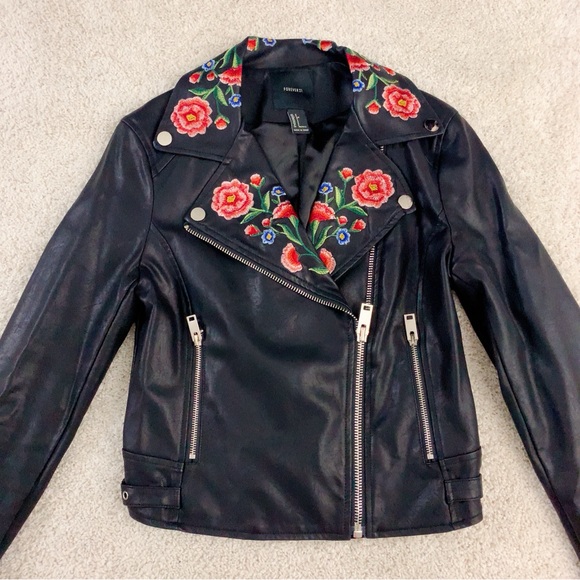 Floral Embroidered Black Faux Leather Biker Jacket - Picture 3 of 10